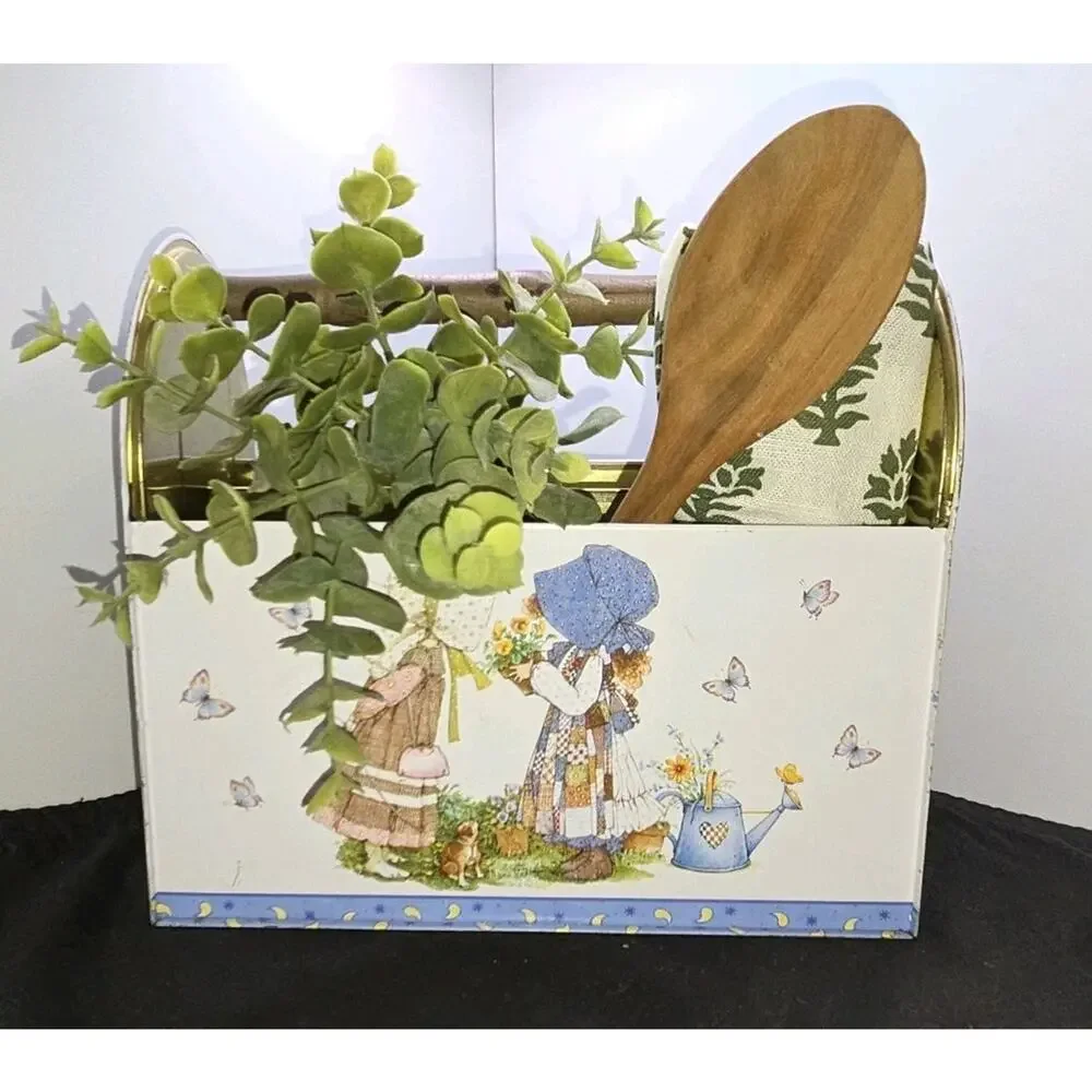 Vintage Holly Hobbie Metal Tin Storage Caddy Totes Wooden Handle 1970s Organizer